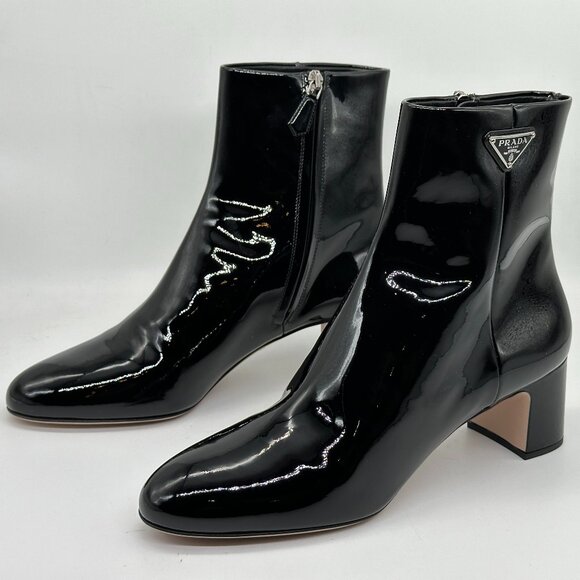 PRADA Triangle Logo Patent Leather Block Heel Ankle Booties Boots Shoes - Picture 10 of 16